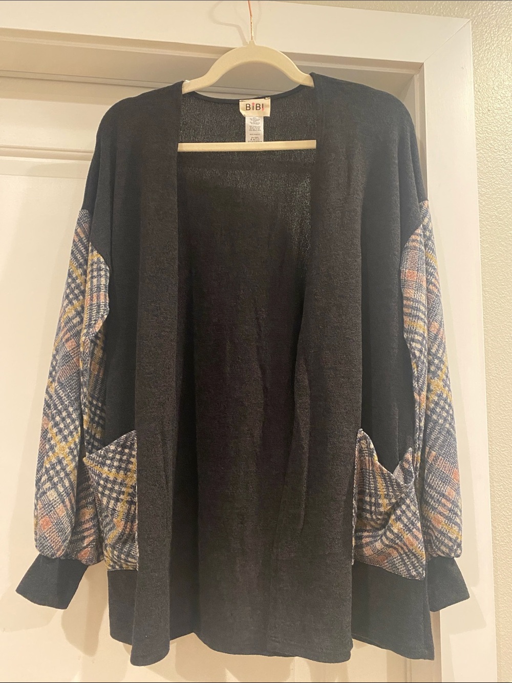 BiBi Black Open Cardigan with Multicolor Plaid Sleeves. Sample Sale NWOT Size SM